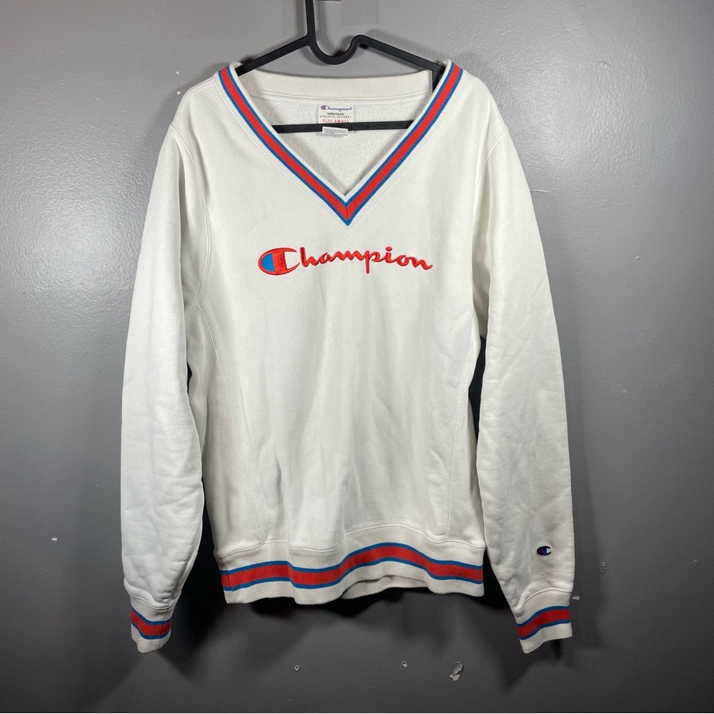 Champion Sweatshirt Heritage V-Neck Striped Trim White Small - Picture 3 of 7